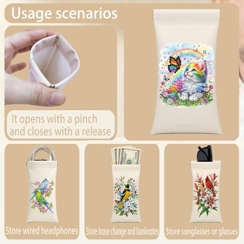 Diamond Art Painting Eye Glass Bag PU Sunglasses Glasses Storage Bag Built-in Glasses Cloth Press Automatic Closure - color: Cat