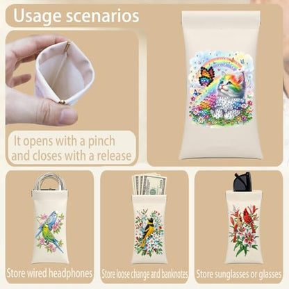 Diamond Art Painting Eye Glass Bag PU Sunglasses Glasses Storage Bag Built-in Glasses Cloth Press Automatic Closure - color: Cat