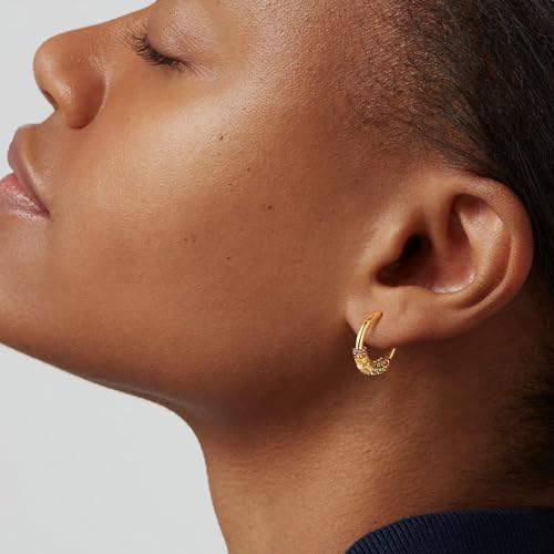 Dremmy Studios Dainty CZ Huggie Hoop Earrings 14K Gold Plated Chunky Simple Cute Thick Round Frill Bead Ball Starburst Cuff Earrings Cubic Zirconia Hoop Earrings Minimalist Personalized Gift for Her - color: Rainbow B