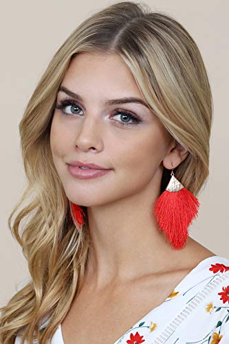 Bohemian Silky Thread Fan Fringe Tassel Statement Earrings - Lightweight Strand Feather Shape Dangles - color: Feather Fringe - Red