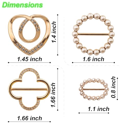 8-Pack Cute Scarf Ring, Premium Shirt Tie Clips for Women Clothing accessories, 4 Elegant Styles T-shirt Waist Cinch Clip Buckles with Rhinestone Accents (Gold/Silver)
