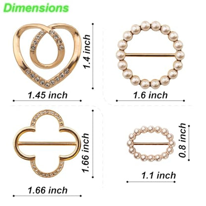 8-Pack Cute Scarf Ring, Premium Shirt Tie Clips for Women Clothing accessories, 4 Elegant Styles T-shirt Waist Cinch Clip Buckles with Rhinestone Accents (Gold/Silver)