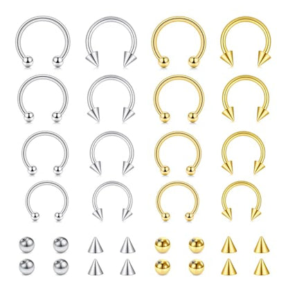 16G Septum Nose Rings Stainless Steel Hinged Seamless Nose Hoop Ring Horseshoe Piercing Jewelry Captive Bead Ring Helix Daith Tragus Cartilage Earrings for Women Men - style: style1-silver&gold