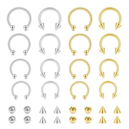 16G Septum Nose Rings Stainless Steel Hinged Seamless Nose Hoop Ring Horseshoe Piercing Jewelry Captive Bead Ring Helix Daith Tragus Cartilage Earrings for Women Men - style: style1-silver&gold