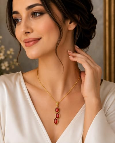 FCI 925 Sterling Silver Gold Plated Natural Carnelian Pendant – Triple Faceted Stone Artisan Design for Women, Premium Fine Gift