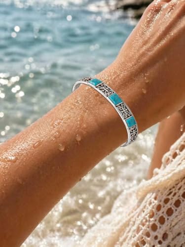 Native American Genuine Turquoise Cuff Bracelet for Women, 925 Sterling Silver Turquoise Boho Bangle, Adjustable Open Cuff Fits 6-7.5 Inches - style: Cross