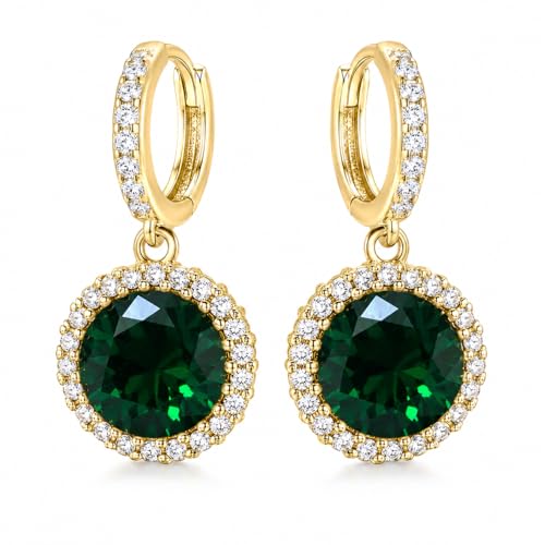 14K Gold Plated Hoop Dangle Earrings for Women, Hypoallergenic Colorful Cubic Zirconia Drop Earrings, Lightweight Huggie Earrings for Women - color: Gold/Emerald Green