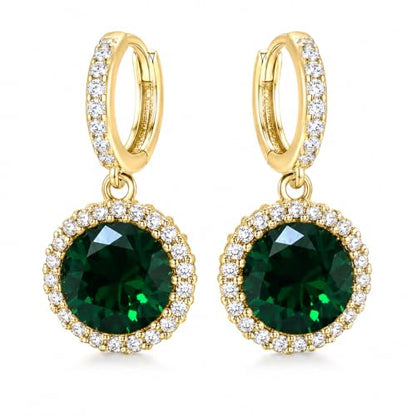 14K Gold Plated Hoop Dangle Earrings for Women, Hypoallergenic Colorful Cubic Zirconia Drop Earrings, Lightweight Huggie Earrings for Women - color: Gold/Emerald Green