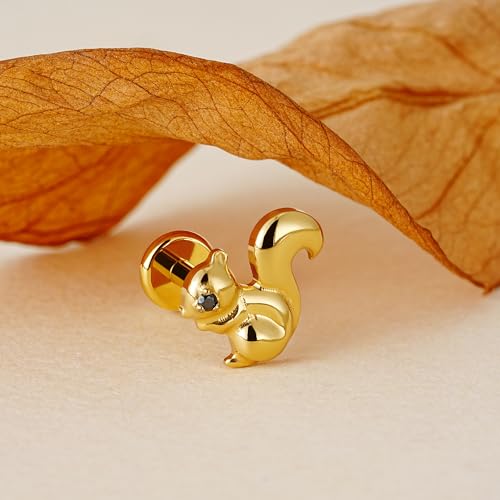 FINE4U Cartilage Christmas Piercing Jewelry 16G 6mm 8mm - ASTM F136 Titanium, Flat Back Labret Stud for Helix Flat Lobe, Elk Minimalist Earring, Squirrel Earrings - color: Squirrel - Gold