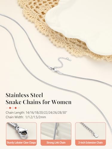 FaithHeart 1/1.2/1.5/2mm Snake Chain Necklace for Women, Silver/Black/14K Gold/Rose Gold Plated Stainless Steel Snake Necklace Smooth Dainty Thin Women's Chains, Length 14-30" with Gift Box - color: Silver