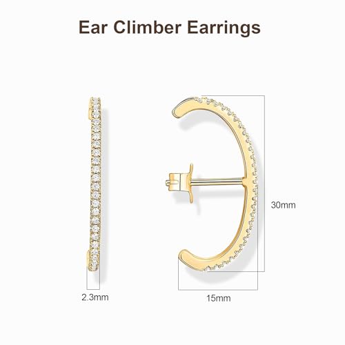 KELMALL 14K Gold Plated CZ Ear Climber Earrings for Women – Curved Bar Cuff Stud Earrings, Sparkly Cubic Zirconia Arc Climber, Minimalist Statement Jewelry - color: Cubic Zirconia - Gold