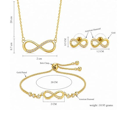 Nilu's Collection Infinity Shape Cubic Zirconia Diamond Bracelet for Women, Jewelry for Gift, Adjustable Charm Bracelet (Rose Gold Necklace + Bracelet) - color: Gold Combo