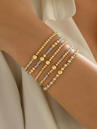 LOTSOF Bohemia Multilayer Beaded Bracelet Set, Turquoise Resin Colorful Surfer Heishi Style Elastic Spring Clasp Friendship Elastic Wristbands Summer Beach Boho Vacation Jewelry - color: Grey