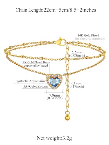FindChic Bling Heart Birthstone Anklets Layered Beaded Ankle Bracelets for Women Gold/Black/Silver 12 Month Gem Colors Foot Chain Summer Jewelry for Girls, with Gift Box - color: Gold, style: 03. Mar.-Created Aquamarine