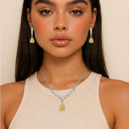 Platinum Plated Cubic Zirconia Teardrop Pendant Necklace Dangle Earrings Set, Silver Jewelry Set for Women,Wedding Jewelry Set for Bride,Bridesmaid Jewelry Gift, Gift for Valentine's Day, Birthday - color: Yellow