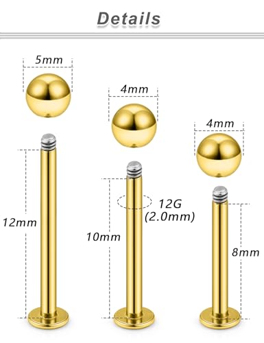 20G 18G 16G 14G 12G Lip Labret Medusa Monroe Rings Studs 316L Surgical Steel Flat Back Tragus Helix Cartilage Earring Stud Piercing Jewelry Bar Length 8mm 10mm 12mm Mix Color 18PCS - color: Gold, size: 12G(2.0mm)-8/10/12mm Bars-4mm 5mm Balls