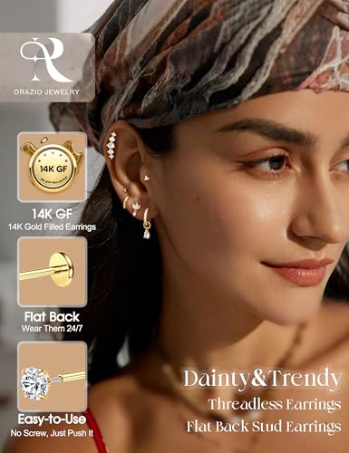 ORAZIO 16G/18G/20G Threadless Flat Back Earrings Push in Nose Rings Studs | 316L Surgical Steel Cartilage Earring Stacks Flatback Hypoallergenic Tragus Helix Conch Labret Medusa Piercing Jewelry - color: Style1-Gold, size: 16G=1.2mm