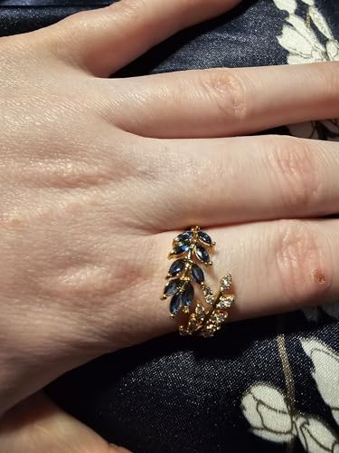 Adjustable Open Leaf & Vine Ring with Gemstone & Diamond | Cuff Deco Ring for Women Men | Adjustable Cuff Vine Leaf Deco Rings - color: Gold Blue