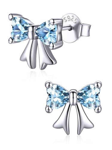 ChicSilver 925 Sterling Silver Bow/Butterfly Earrings for Women Hypoallergenic Birthstone Earrings Dainty Bow/Butterfly Jewelry Gift for Women - color: Bow-March-Aquamarine