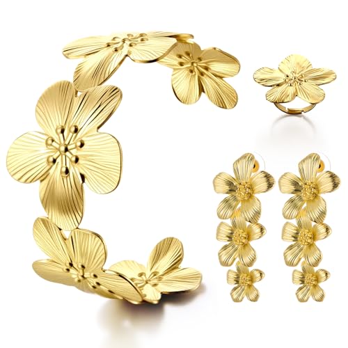Misdary 3 Pcs Jewelry Gifts Set Bracelets Earrings Ring Cuff Bangle for Women Wedding Birthday Gifts - color: Gold, style: Floral