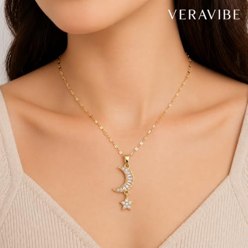 14K Gold Plated Stainless Steel Moon and Star Necklace | Dainty Celestial Crescent Pendant, Cubic Zirconia, Minimalist Boho, For Women, 15.4"+2" Adjustable