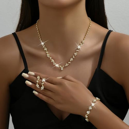 Unicra Bride Crystal Necklace Earrings Set Bridal Wedding Jewelry Sets Rhinestone Choker Necklace Costume Jewelry Set for Women and Brides - color: Gold Necklace Bracelet Earrings