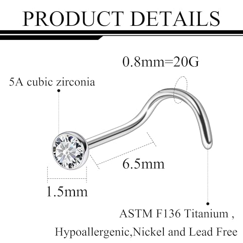 ASTM F136 Titanium Nose Rings 18G 20G 22G Jeweled Clear Cubic Zirconia Nose Studs Ring Screw L-Shaped Bone Hypoallergenic Body Piercing Jewelry for Women 1.5mm 2mm 2.5mm 3mm 10PCS - style: Screw:20G(0.8mm)-1.5mm CZ