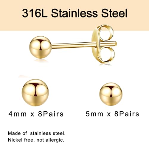 15 Pairs Surgical Steel Ball Stud Earrings Set | Fadeless, PVD Plating, Stainless Steel, Fadeless, Waterproof, High Polish, Hypoallergenic - color: Gold 16Pairs (4mm 5mm )