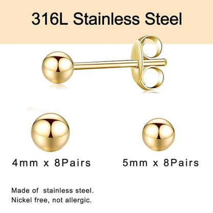 15 Pairs Surgical Steel Ball Stud Earrings Set | Fadeless, PVD Plating, Stainless Steel, Fadeless, Waterproof, High Polish, Hypoallergenic - color: Gold 16Pairs (4mm 5mm )