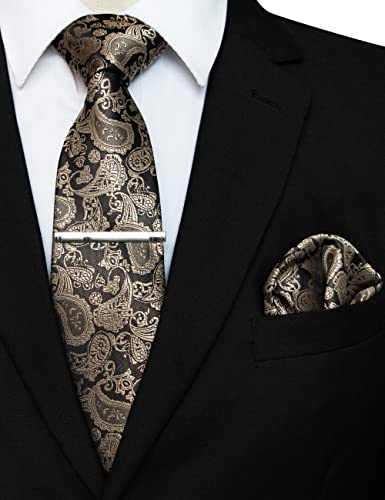 JEMYGINS Mens Solid Color Paisley Necktie and Pocket Square with Tie Clip Sets - color: Champagne Black