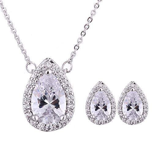 Women's Wedding Jewelry Set for Bride Teardrop CZ Necklace Earrings Set | Sterling Silver Pear Shape Necklace and Studs Crystal Rhinestone Costume Jewelry for Party Prom Bridesmaids - color: Clear