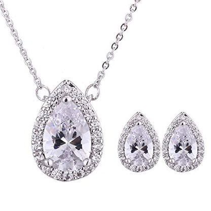Women's Wedding Jewelry Set for Bride Teardrop CZ Necklace Earrings Set | Sterling Silver Pear Shape Necklace and Studs Crystal Rhinestone Costume Jewelry for Party Prom Bridesmaids - color: Clear