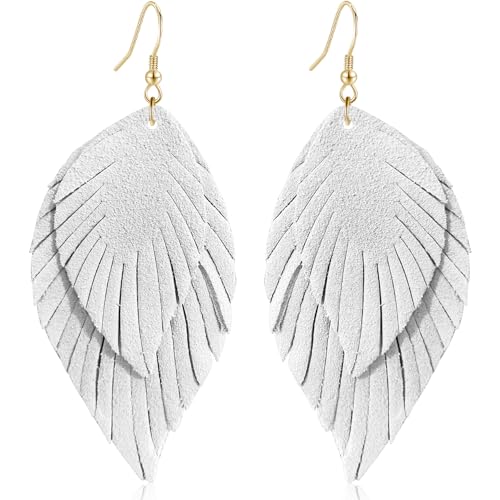 Genuine Leather Handmade Fringe Feather Lightweight Dangle Drop Earrings Teardrop Tassel Hook Earrings for Women - style: 1 White
