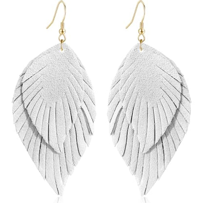 Genuine Leather Handmade Fringe Feather Lightweight Dangle Drop Earrings Teardrop Tassel Hook Earrings for Women - style: 1 White