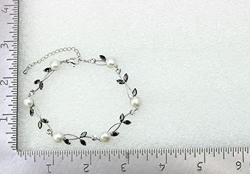 Faship Genuine Freshwater Pearls Floral Necklace Earrings Set | Premium CZ Crystal, Gorgeous, Sparkling - color: Black / Matching Bracelet