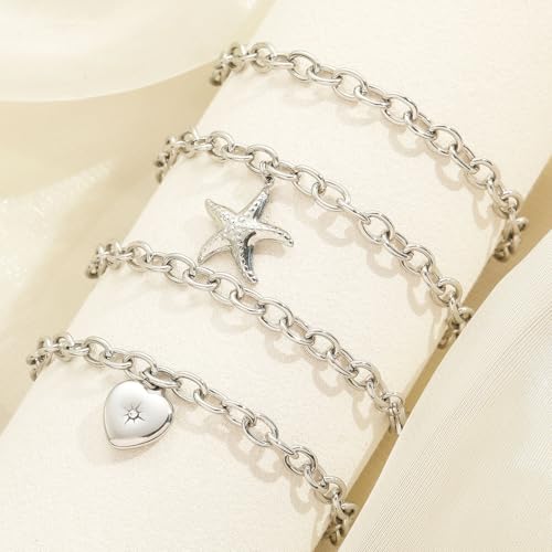 10 PCS Bracelets for Women Stainless Steel Chain Link Bracelet Set | 6.7 Inches with Extender, Jewelry Gifts for DIY, Chains Bulk, Oval, Curb, Figaro Chains, 18K Gold Plated, Silver, Chunky - color: Rolo Silver