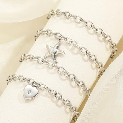 10 PCS Bracelets for Women Stainless Steel Chain Link Bracelet Set | 6.7 Inches with Extender, Jewelry Gifts for DIY, Chains Bulk, Oval, Curb, Figaro Chains, 18K Gold Plated, Silver, Chunky - color: Rolo Silver