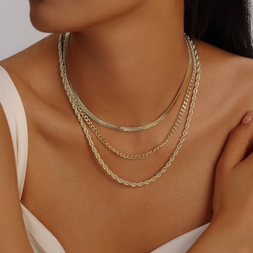 Evabelle Gold Layered Necklace for Women Trendy Jewelry 14K Real Gold Plated Chunky Chain Stackable Necklaces Dainty Choker Necklaces Rectangle Square Pendant - color: Gold Necklace 12
