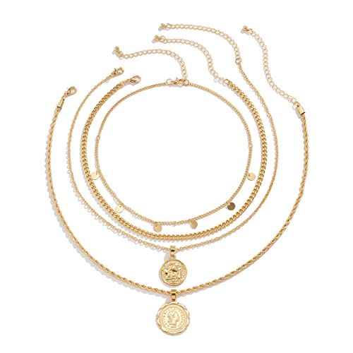MJartoria Layered Necklaces for Women Trendy Retro Coin Pendant Chain Necklaces Dainty Link Chain Choker Necklaces for Jewelry Birthday Gifts - color: Golden