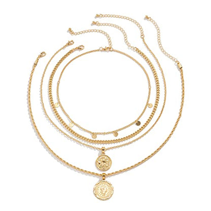 MJartoria Layered Necklaces for Women Trendy Retro Coin Pendant Chain Necklaces Dainty Link Chain Choker Necklaces for Jewelry Birthday Gifts - color: Golden