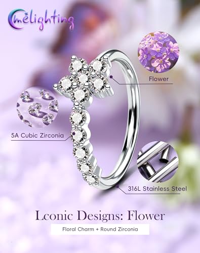 Melighting 20G Butterfly Nose Ring Hoop 8 mm Open Seamless Nose Piercing Jewelry Surgical Steel 316L, Twist Nostril Ring with Marquise and Round CZ, Silver Flower Body Piercing for Women - style: Flower