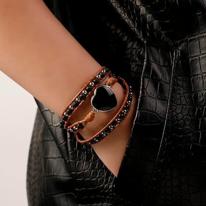 Artilady Leather Wrap Bracelet for Women, Pearl Beaded Bangle Stack Jewelry | Easy on-off, Elegant Handmade Multi-Layered, Daily Casual Date Beach Vacation, Gift for Ladies, Mother, Sister & Friend - style: Black bead