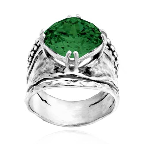 JEAN RACHEL JEWELRY 925 Sterling Silver Prong Solitaire Ring | Raised crown engagement style ring mounting a precision faceted brilliant Cubic Zirconia solitaire over stacked silver rows. - color: Emerald CZ