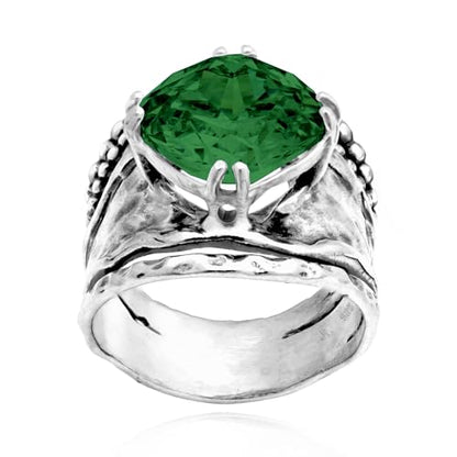 JEAN RACHEL JEWELRY 925 Sterling Silver Prong Solitaire Ring | Raised crown engagement style ring mounting a precision faceted brilliant Cubic Zirconia solitaire over stacked silver rows. - color: Emerald CZ