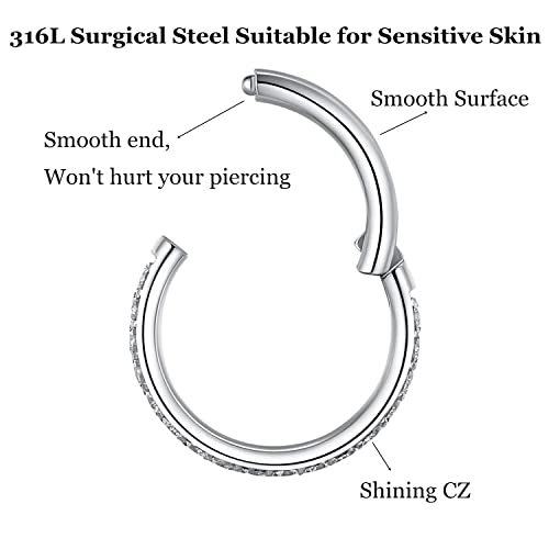 CZ Hinged Segment Nose Rings Hoop 316L Surgical Steel Cubic Zirconia Conch Daith Helix Tragus Body Piercing Jewelry Lip Rings Cartilage Earrings 20G 18G 16G Stainless Steel Septum Clicker Ring - color: Silver, size: 16 Gauge 7mm