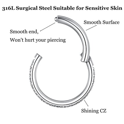 CZ Hinged Segment Nose Rings Hoop 316L Surgical Steel Cubic Zirconia Conch Daith Helix Tragus Body Piercing Jewelry Lip Rings Cartilage Earrings 20G 18G 16G Stainless Steel Septum Clicker Ring - color: Silver, size: 16 Gauge 9mm