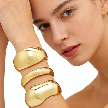 Chunky Gold Bangle Bracelets for Women, 14K Gold Plated Wide Cuff Bracelet | Stackable Open Cuff Bangles, Trendy Statement Jewelry Gift for Women - color: Gold-11