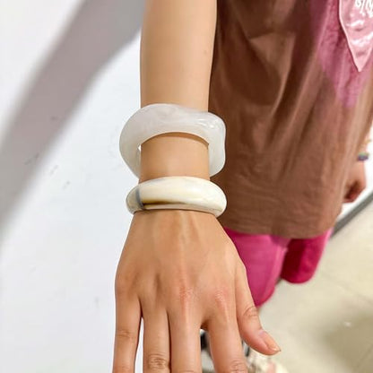 2PCS Chunky Acrylic Bracelet for Women Large Square Resin Cuff Vintage Open Bangle Bracelets Wide Geometric Jewelry - style: White+White