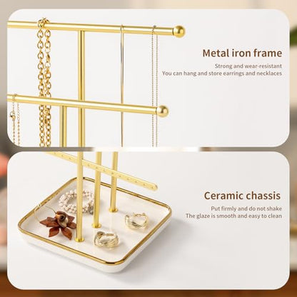 modern T-shaped jewelry rack, jewelry tower, gold metal, square ceramic base decoration display tower, necklace, bracelet, ring storage rack (3-layer ceramic disc) - style: 3-layer ceramic disc
