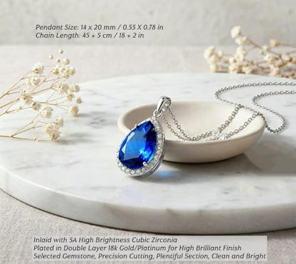VONSSY Classic Oval Pendant Gemstone Necklace | Crystal Ruby Sapphire Waterdrop Birthstone Teardrop Emerald Necklace | 18K Platinum Gold Plated Chain | Jewelry Gift for Mother Wife Girlfriend - color: NL-Sapphire-Platinunm